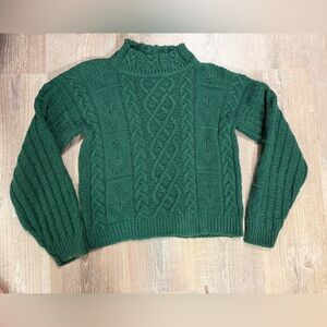 Women’s 100% Cotton Green Cable Knit Fisherman Sweater mock neck
